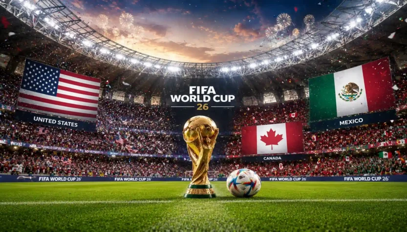 FIFA World Cup 2026 stadium with USA Canada Mexico flags and football trophy