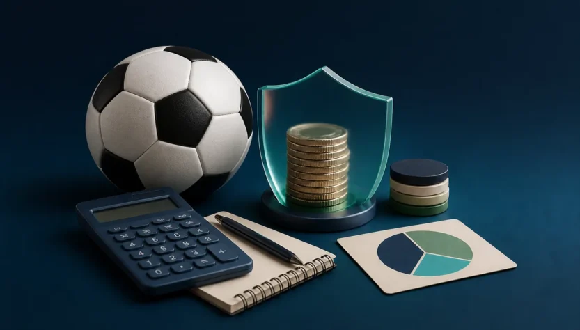 Football, calculator and protected coin stack illustrating responsible sports betting bankroll management