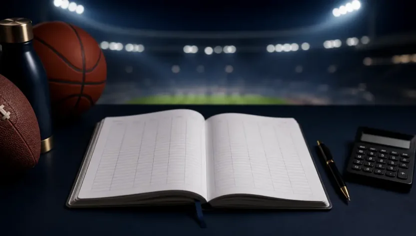 Open sports betting journal with calculator and sports equipment for responsible tracking