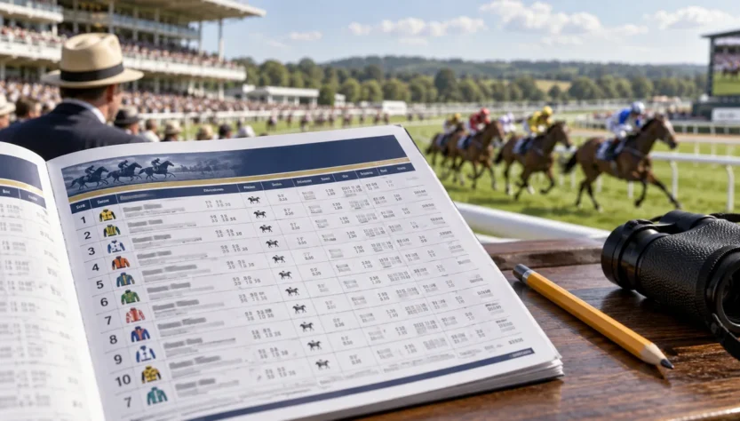 Horse racing racecard overlooking a racetrack